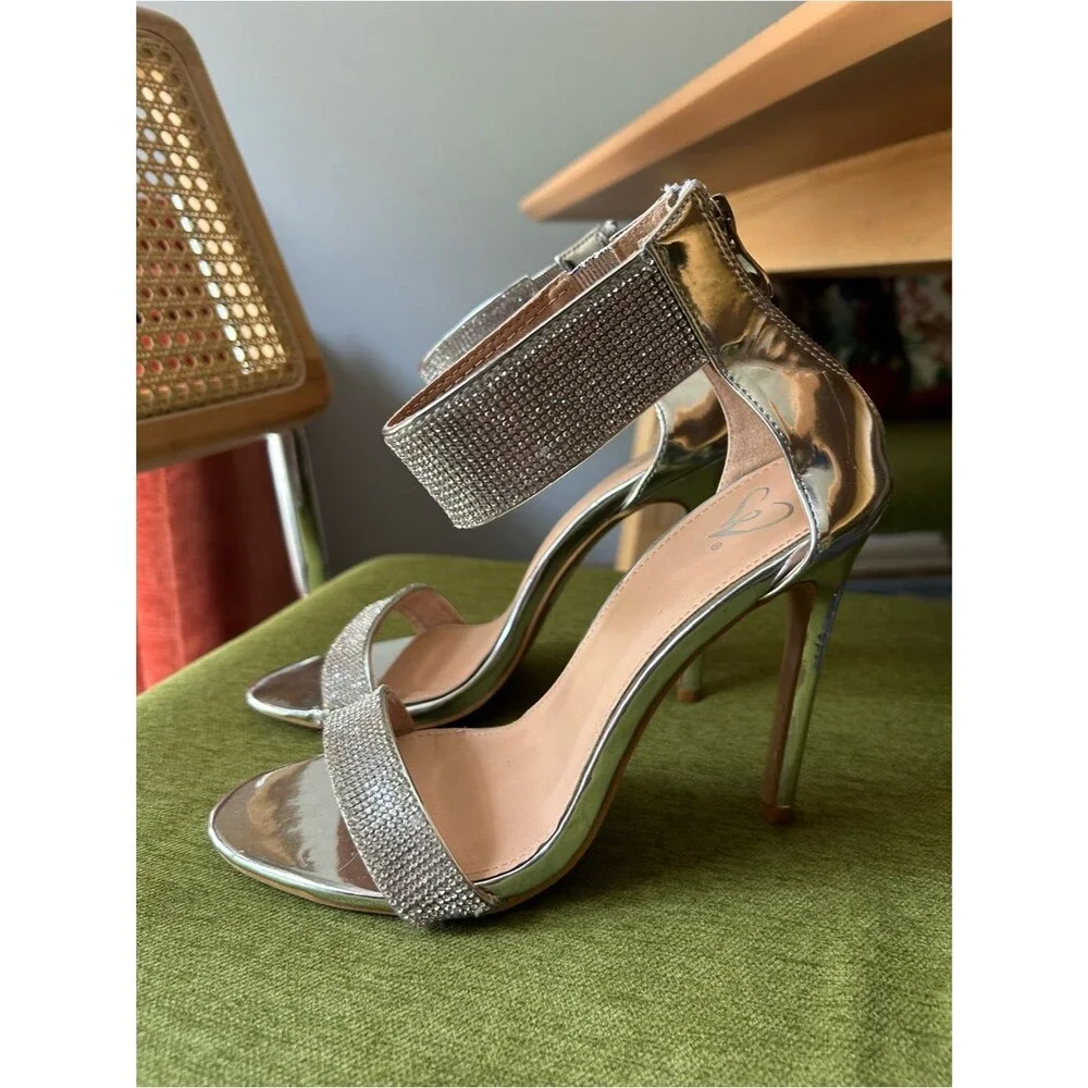 Windsor Silver Rhinestone Ankle-Strap Heels Size 8